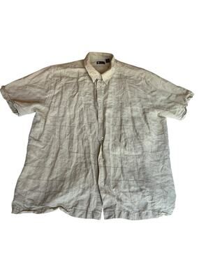 Centro Men's Vintage Linen Checked Button Up Camp Shirt Beige Size XXL